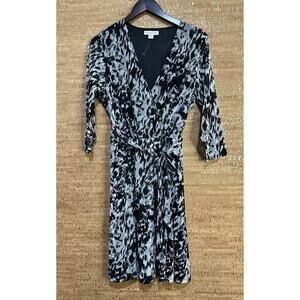 Coldwater Creek Women's Dress Size 1X Black Gray Print 3/4 Sleeve Belted